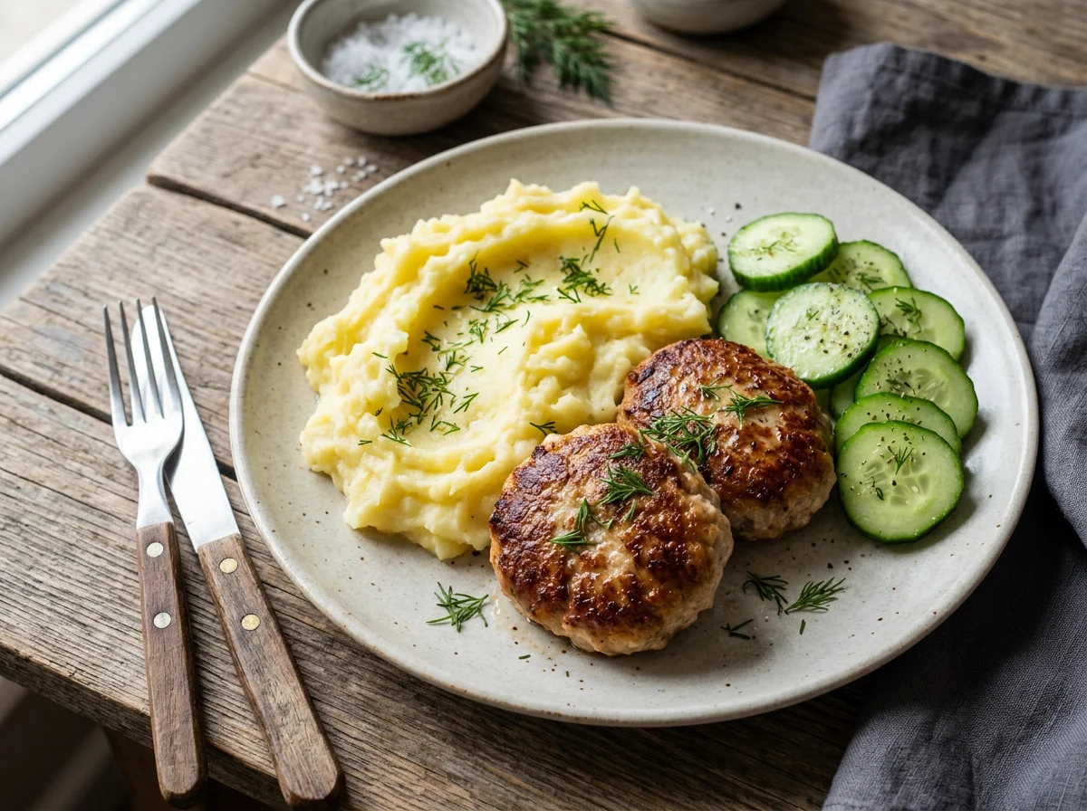 Пюре с котлетами и огурцами photo