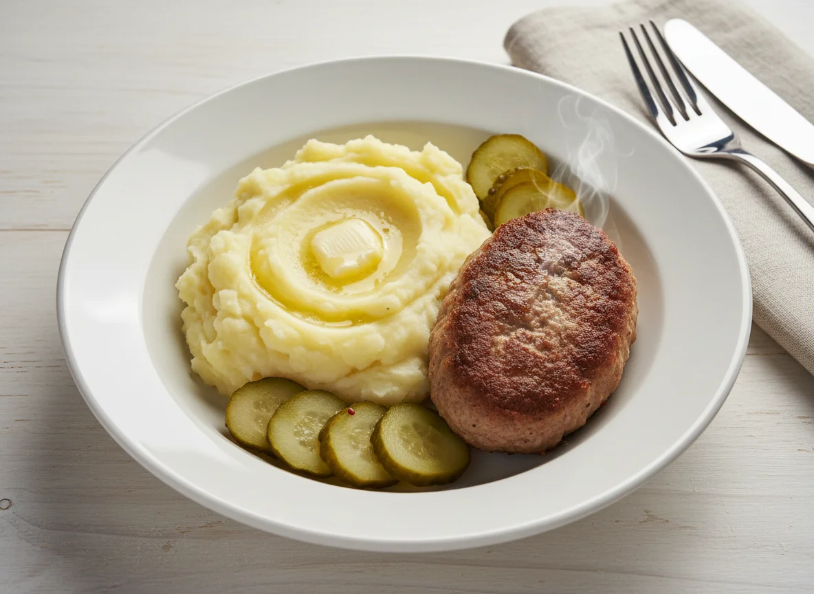 Пюре с котлетой и маринованными огурцами photo