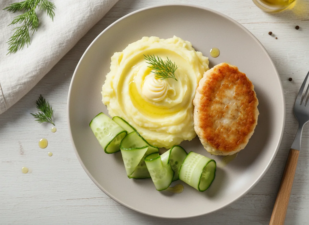 Пюре с котлетой и огурцами photo