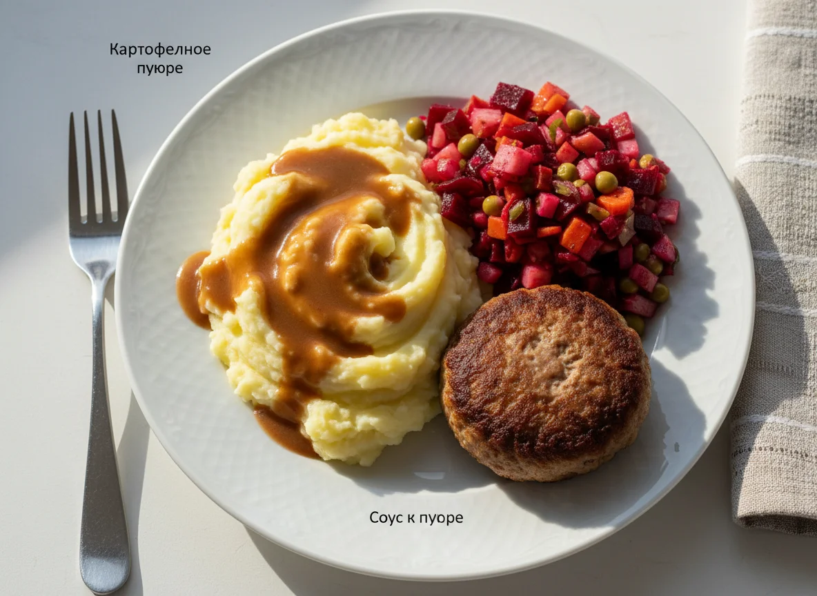 Пюре с котлетой и винегретом photo