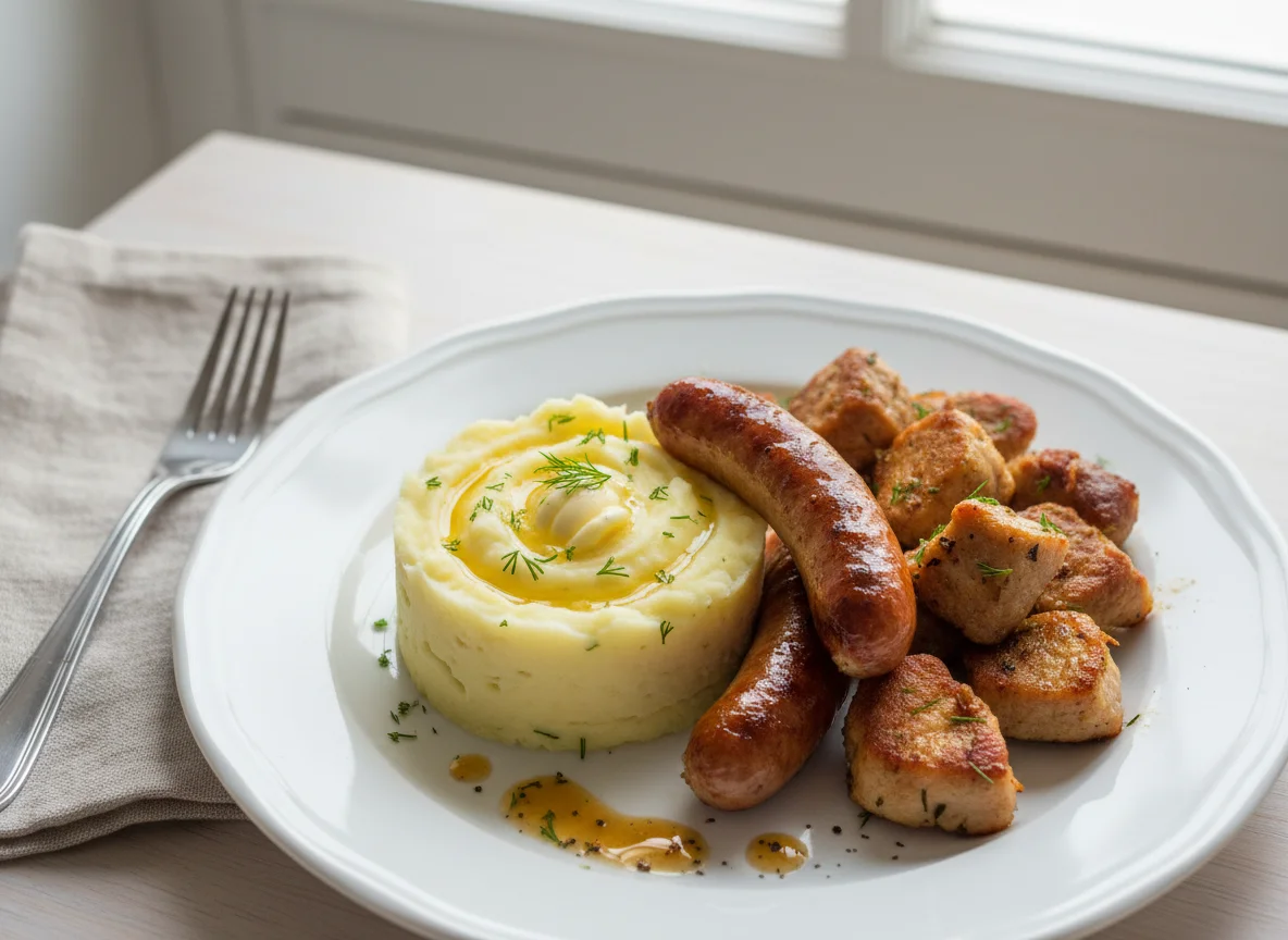 Пюре с сосисками и жареным мясом photo