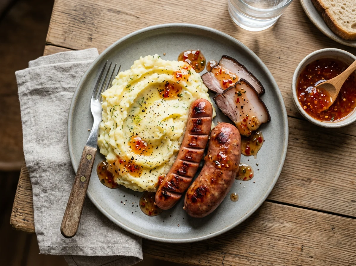 Пюре с сосисками, копченым салом и соусом photo