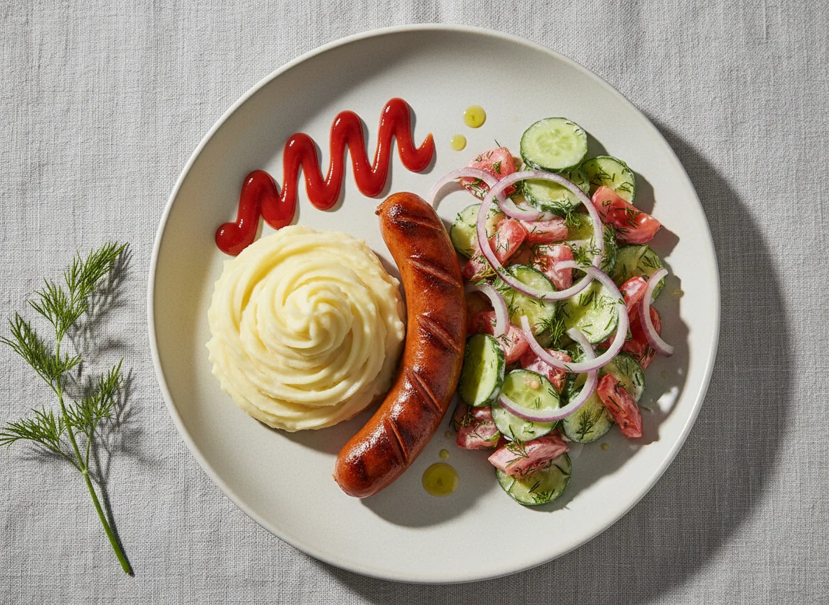 Пюре с сосиской и овощным салатом photo