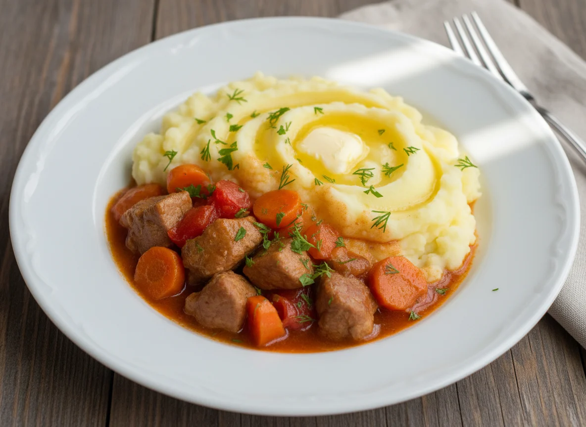 Пюре с тушеным мясом и овощами photo