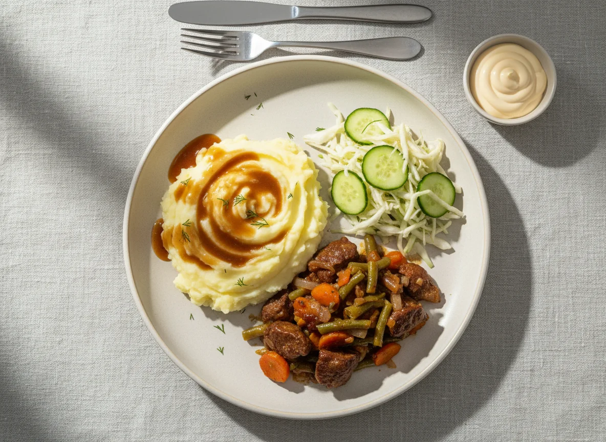 Пюре с тушеным мясом и овощами, салат и соус photo