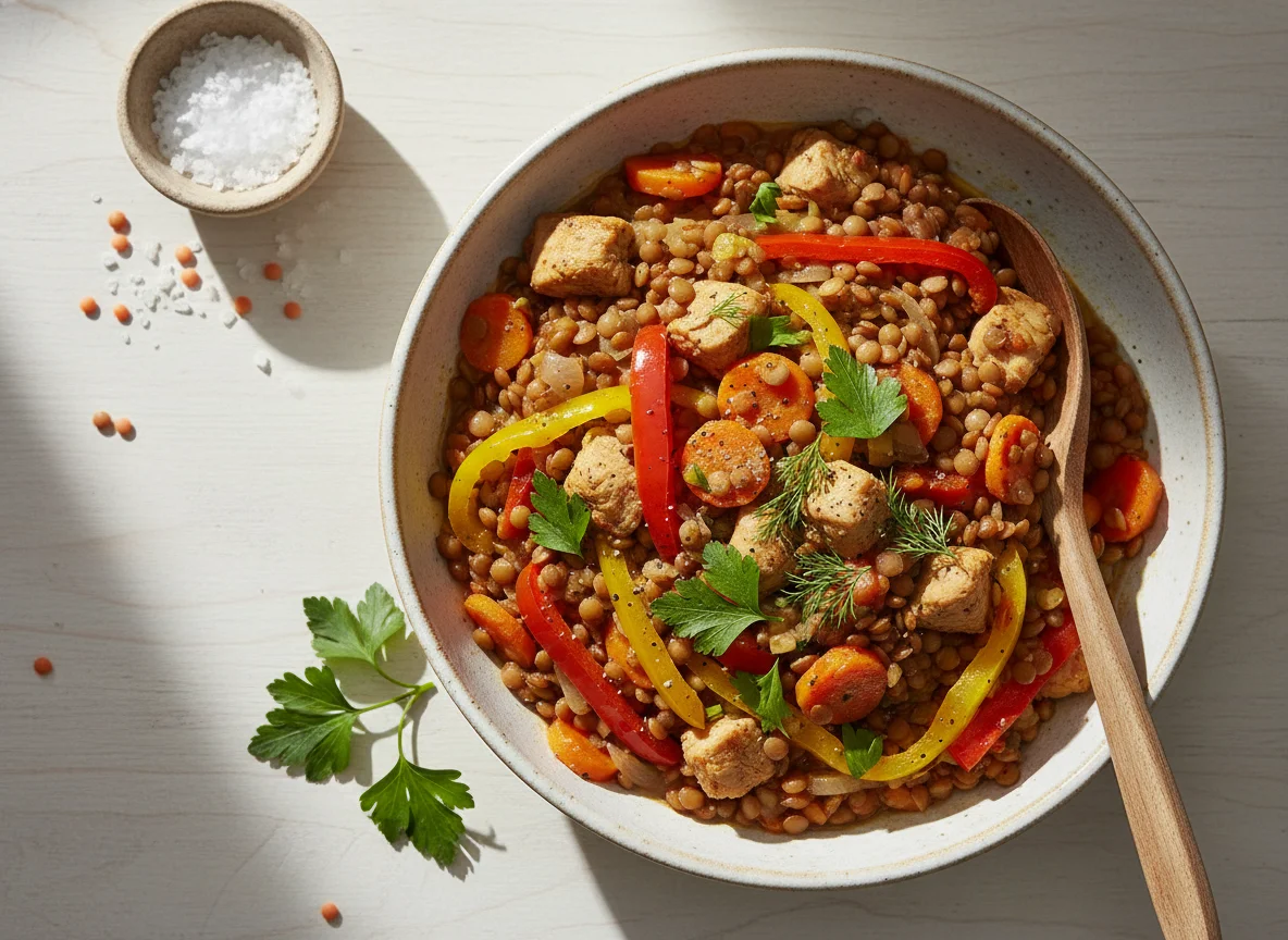 Рагу из чечевицы с курицей и овощами photo