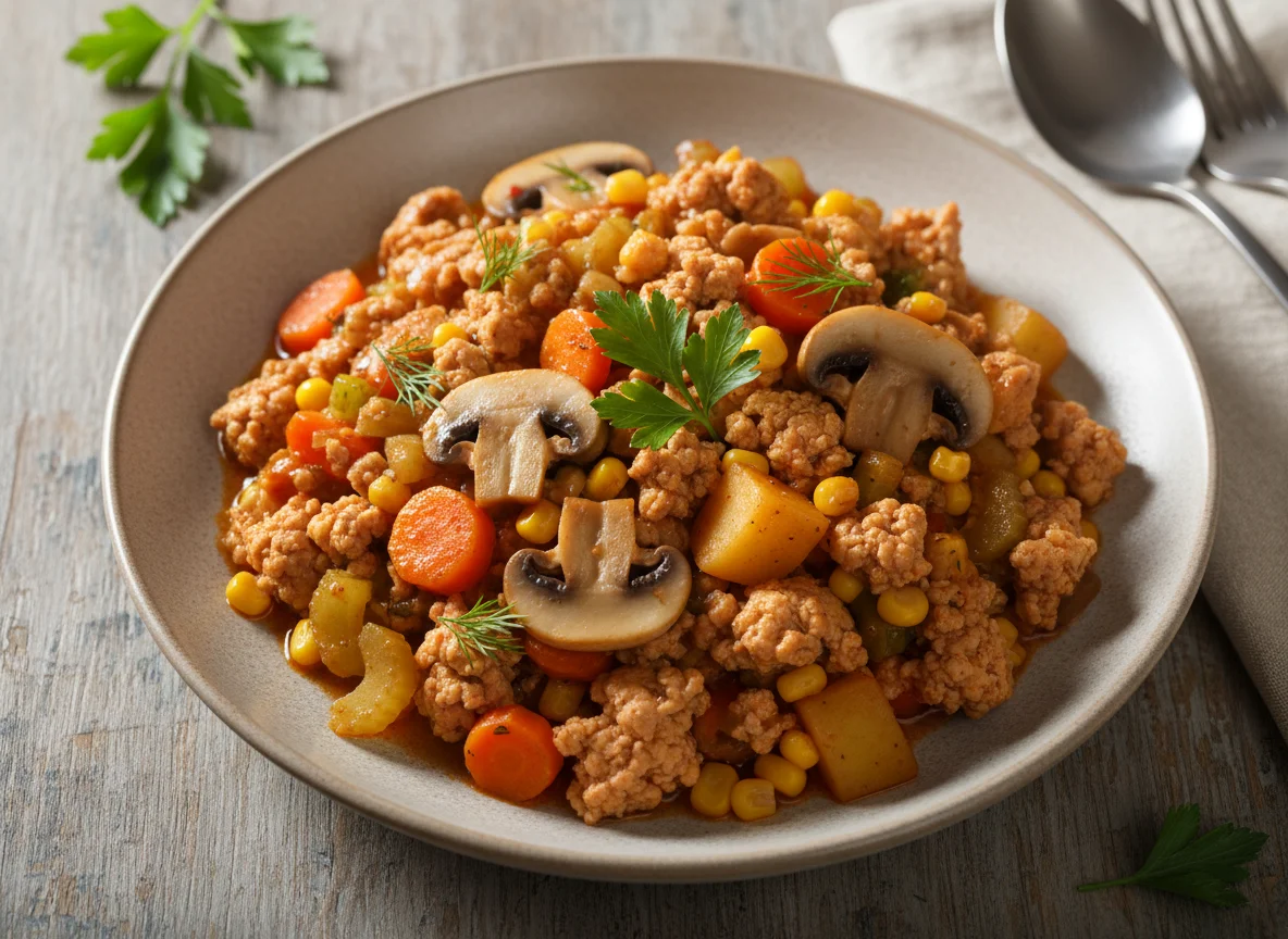 Рагу из фарша с овощами и грибами photo