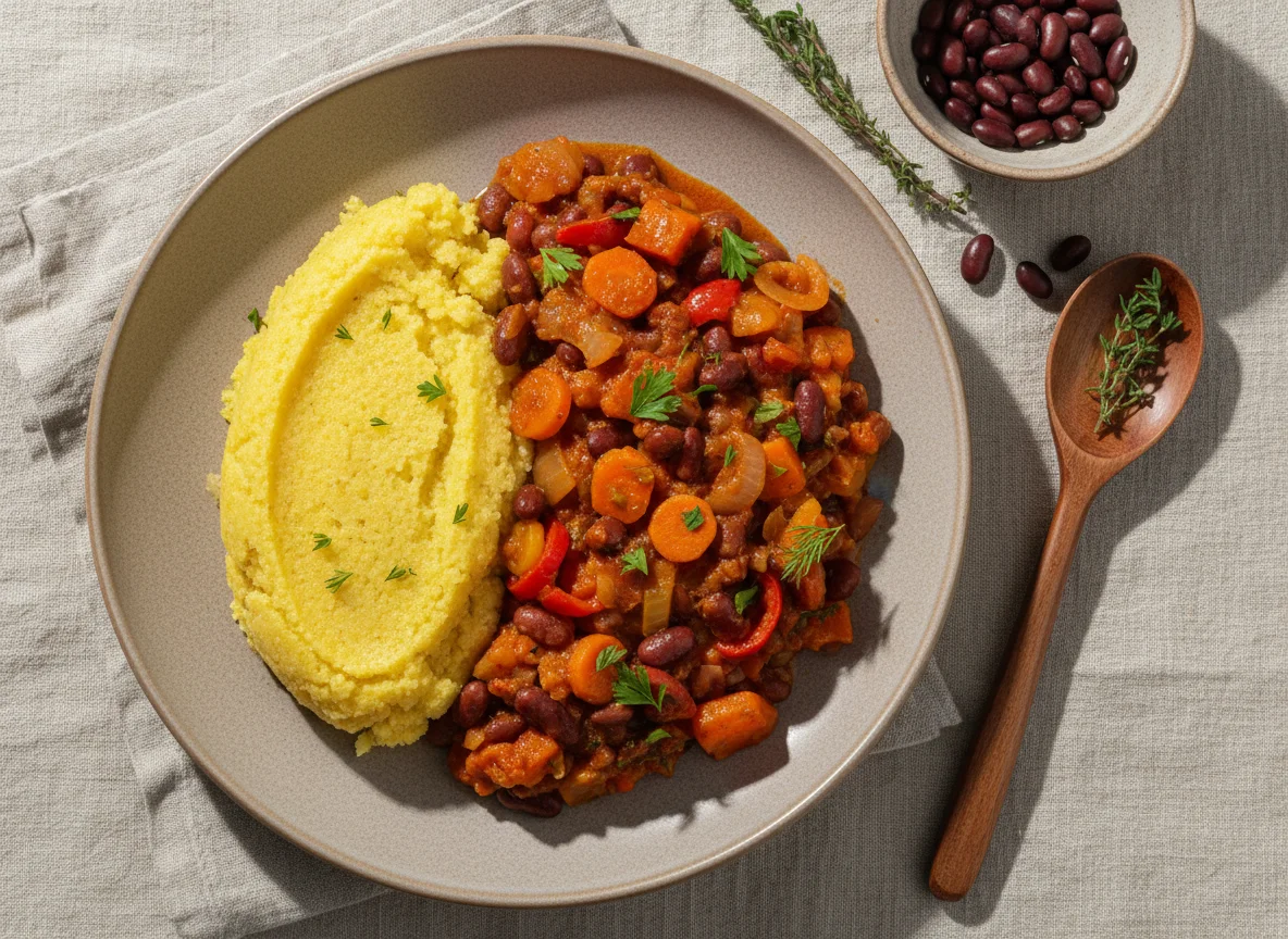 Рагу из фасоли с овощами и кукурузной кашей photo