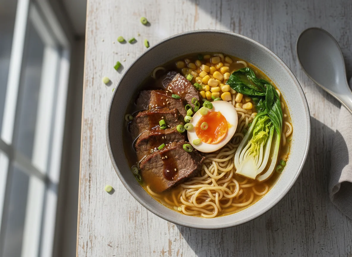 Рамен с говядиной и яйцом photo