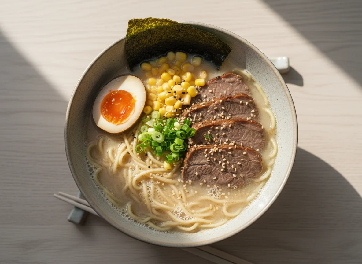 Рамен с говядиной и маринованным яйцом photo