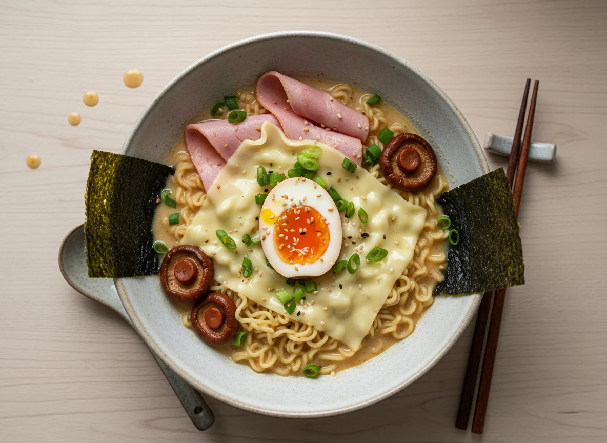 Рамен с ветчиной, грибами и яйцом photo