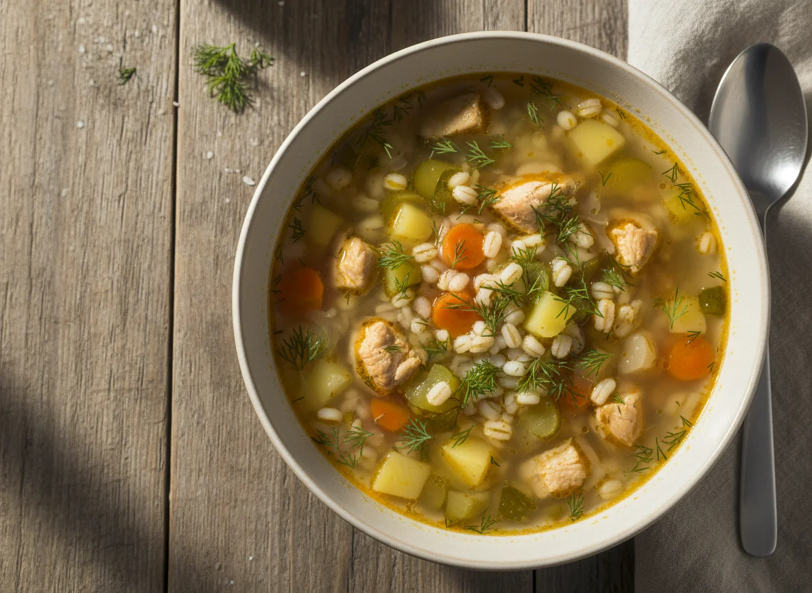 Рассольник с курицей и перловкой photo