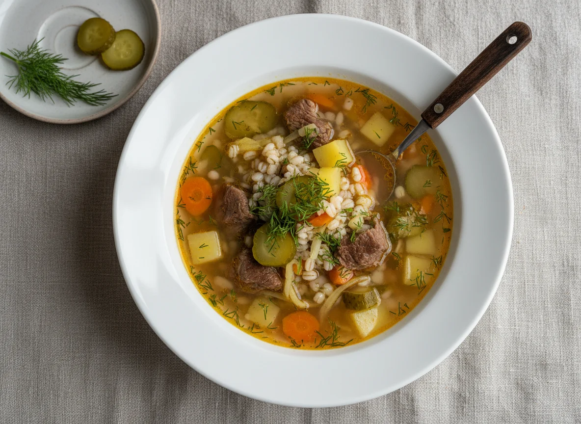 Рассольник с перловкой и мясом photo