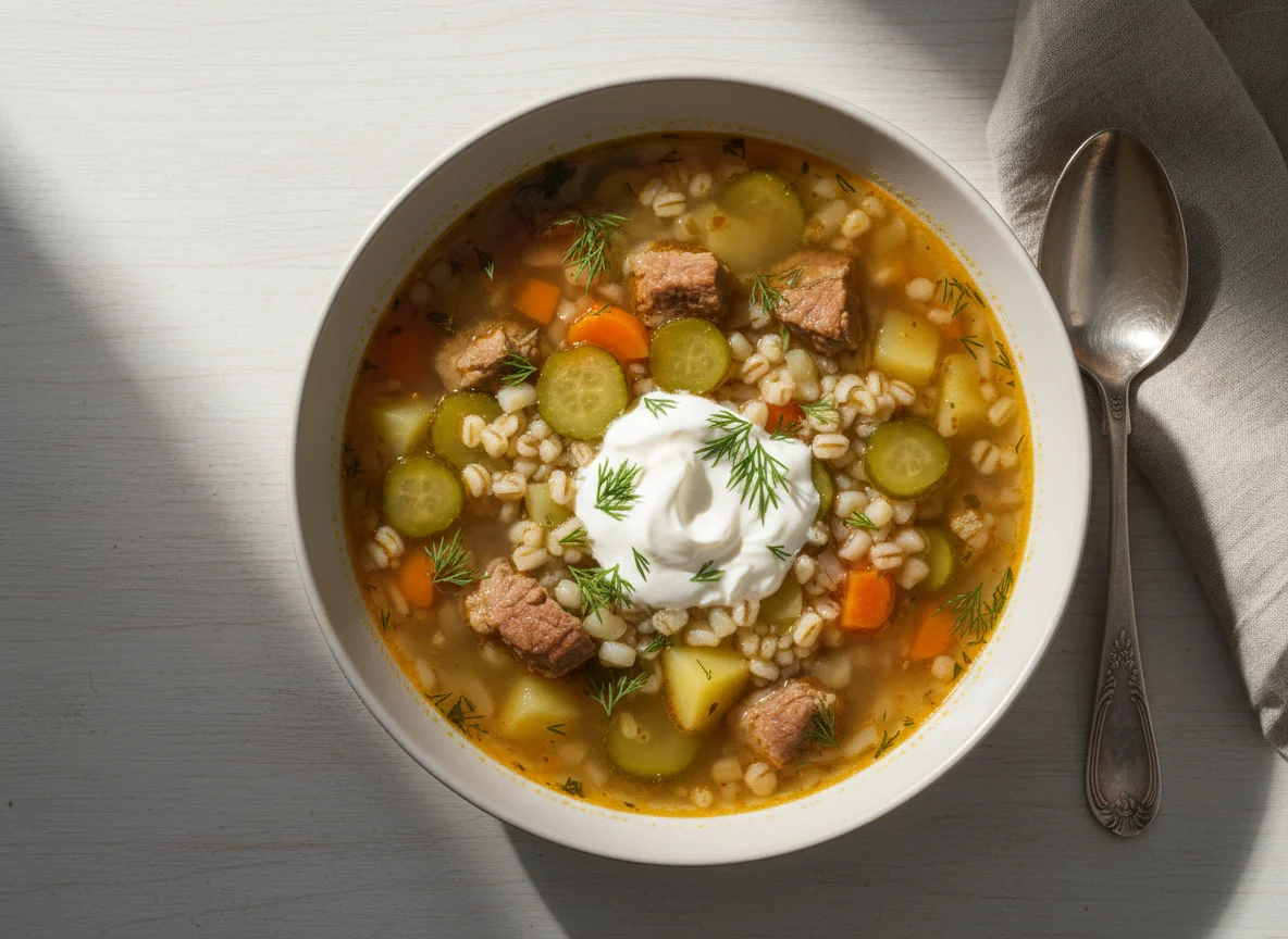 Рассольник с перловкой и сметаной photo