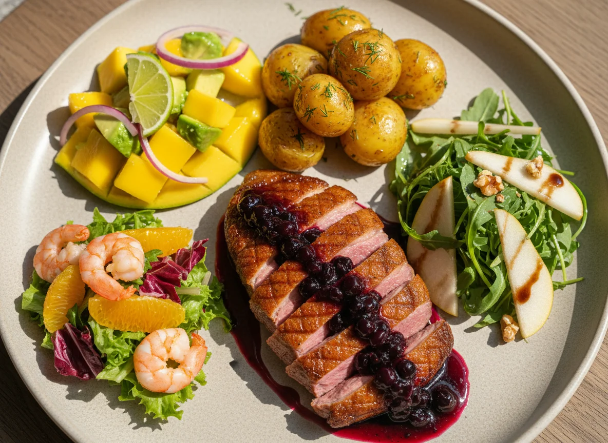 Разнообразное блюдо с мясом, морепродуктами и салатами photo