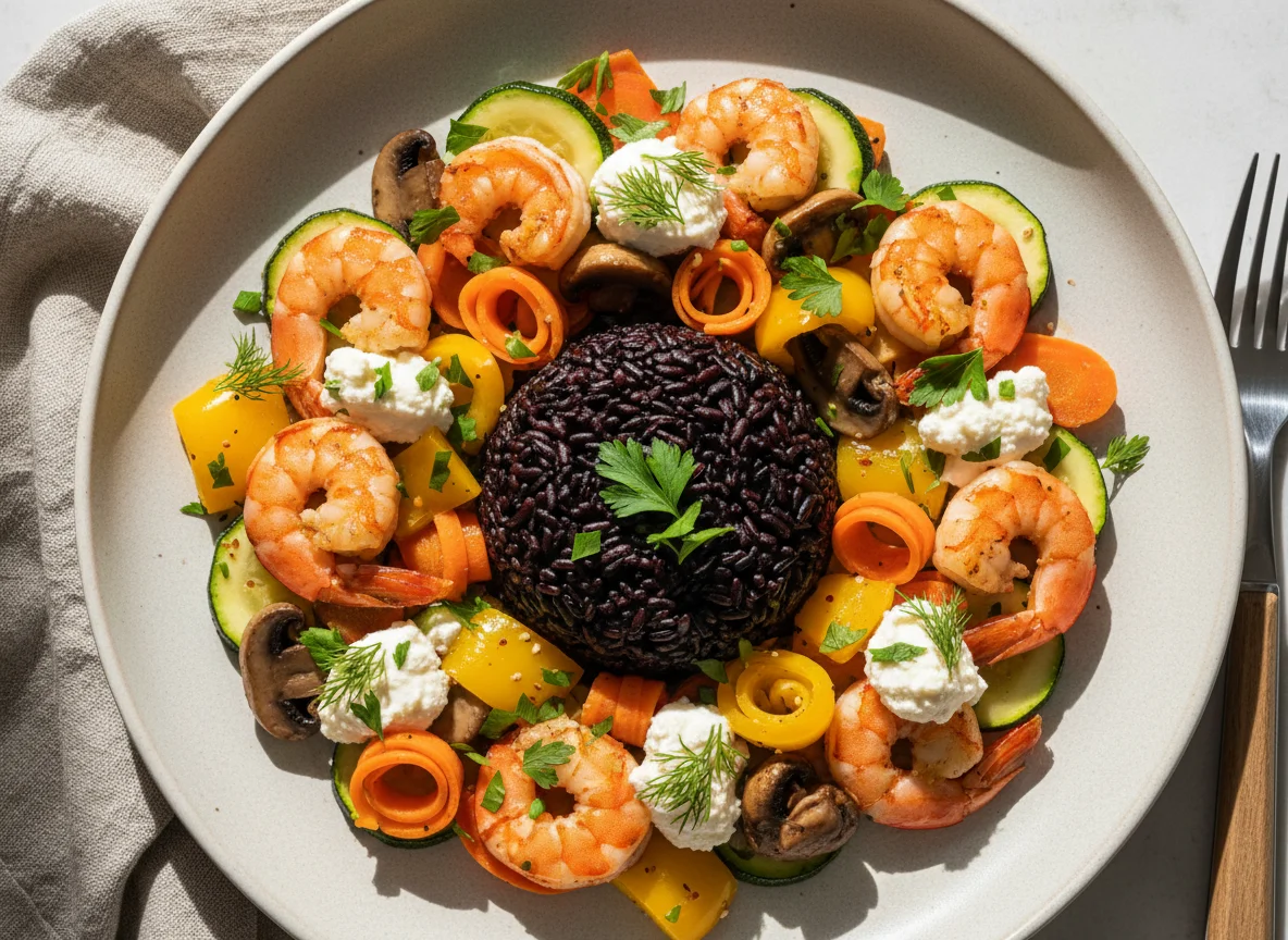 Разнообразное блюдо с морепродуктами и овощами photo