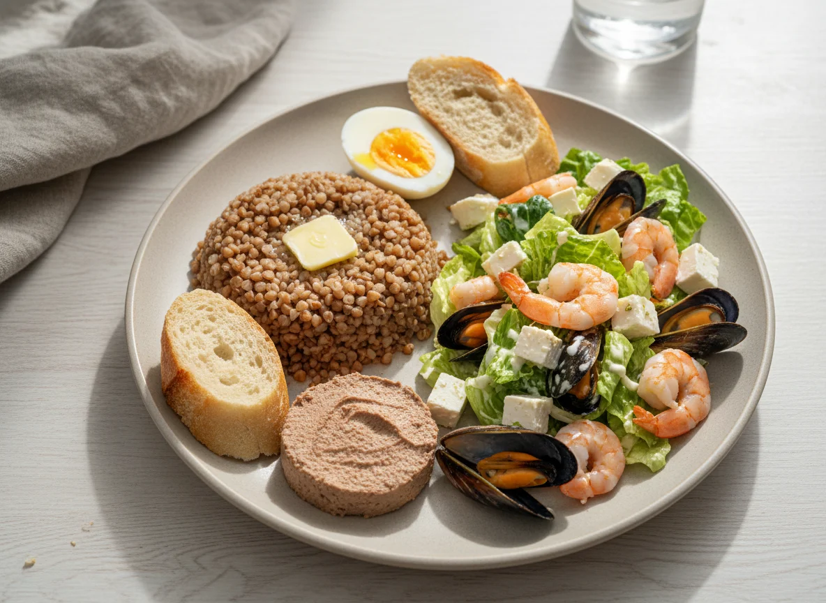 Разнообразный обед с гречкой, салатом из морепродуктов и паштетом photo