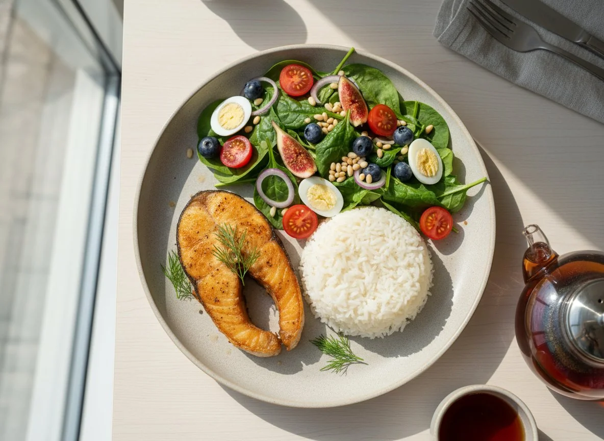 Разнообразный обед с рыбой, рисом и салатом photo