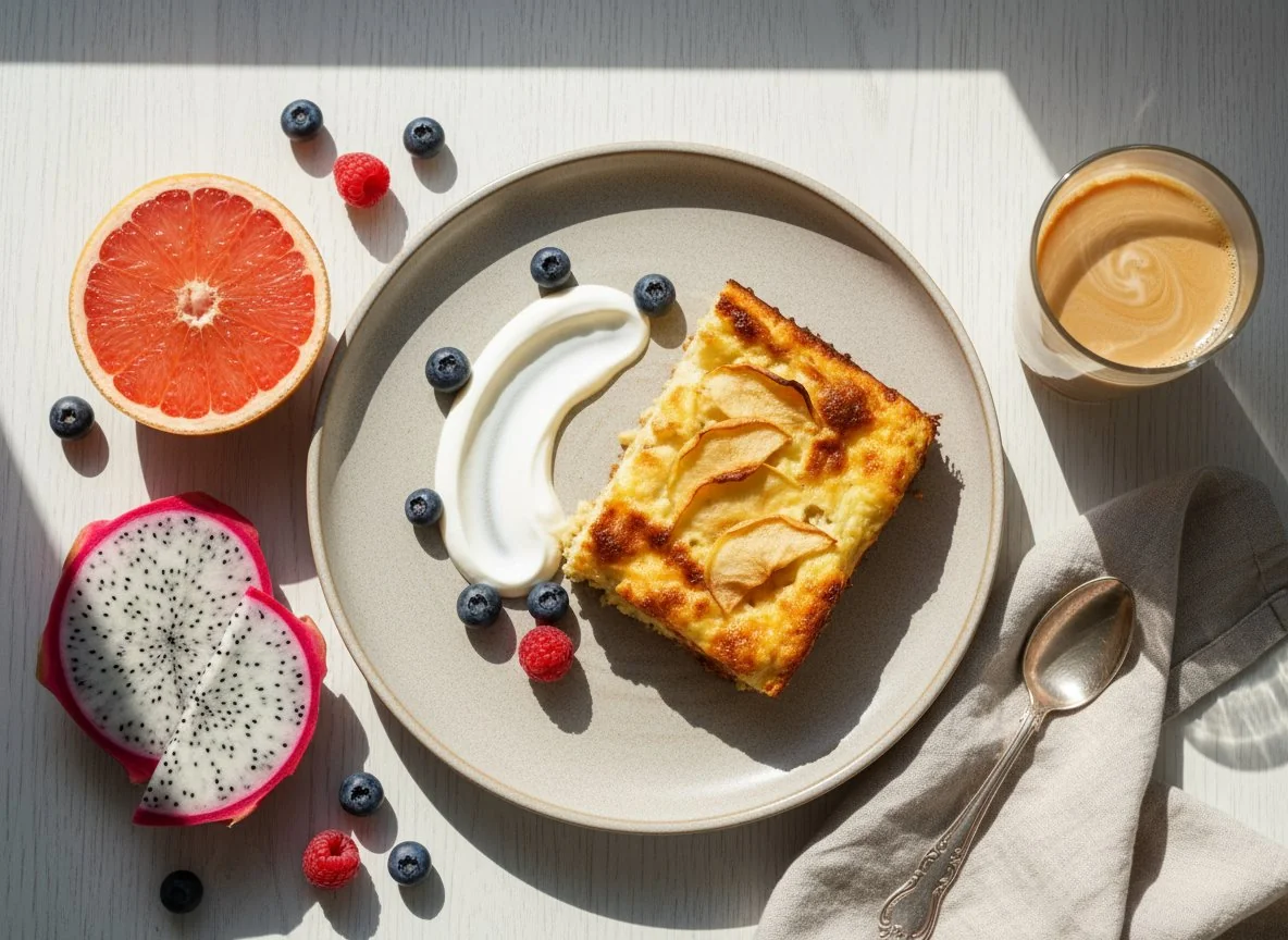 Разнообразный завтрак с фруктами, ягодами и запеканкой photo