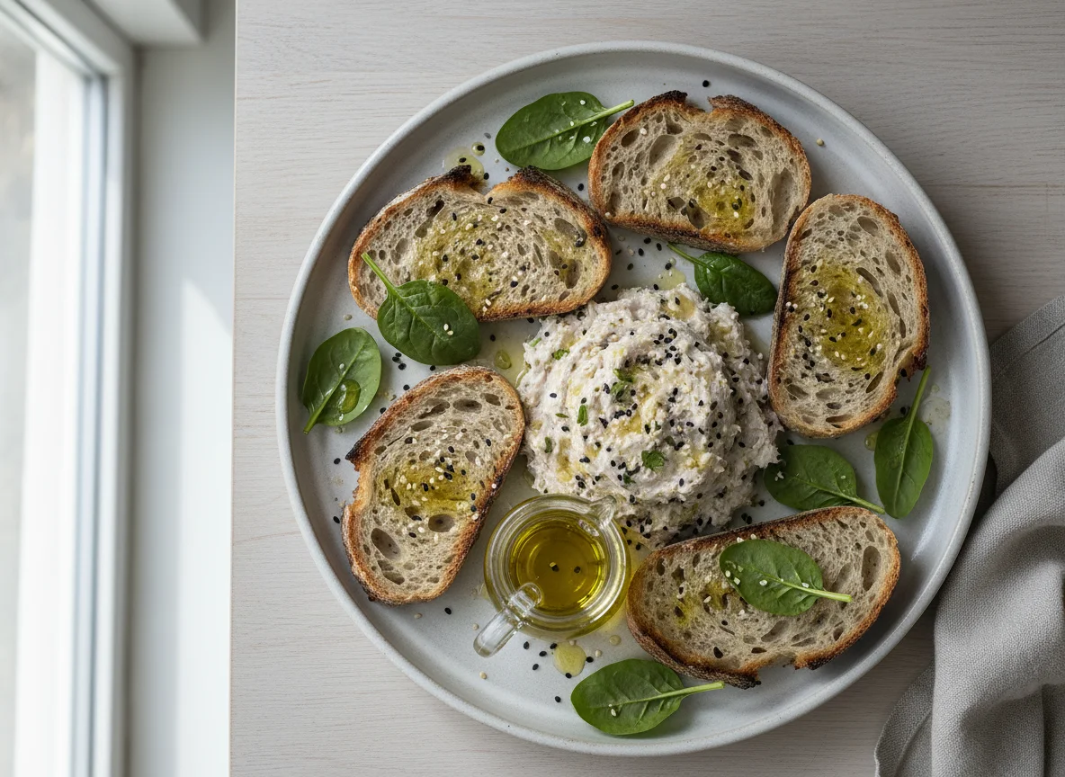 Риет из тунца с деревенским хлебом и шпинатом photo