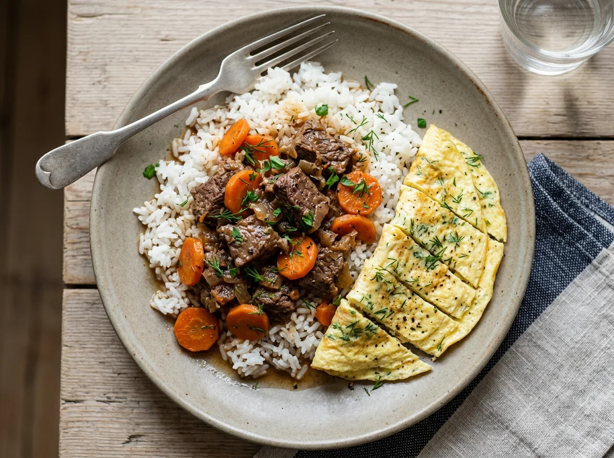 Рис с говядиной, морковью и омлетом photo