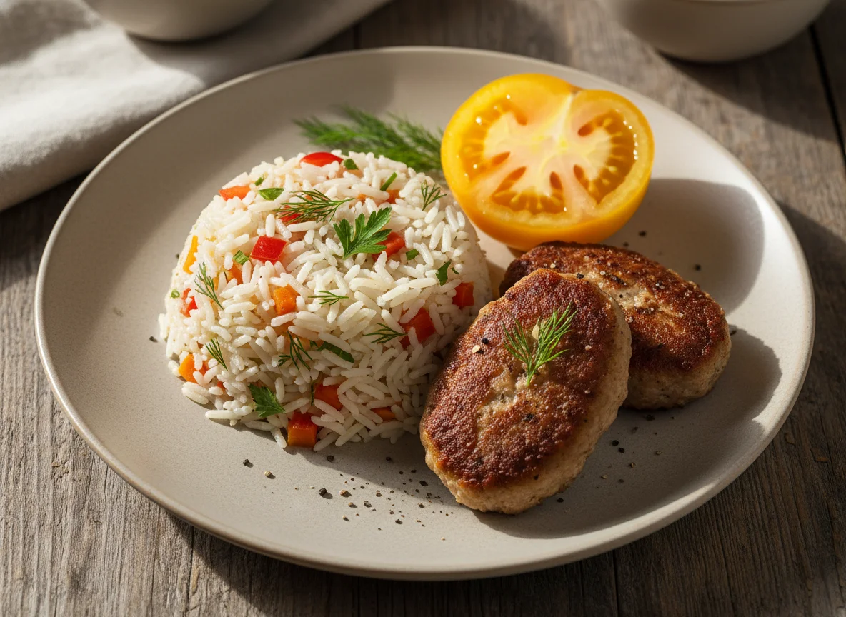 Рис с котлетами и помидором photo
