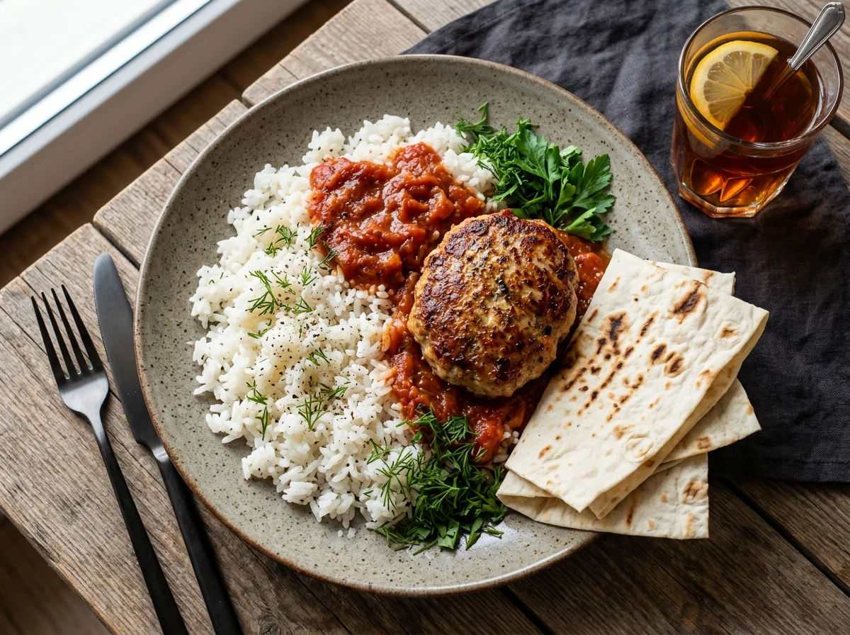 Рис с котлетой и лавашом photo