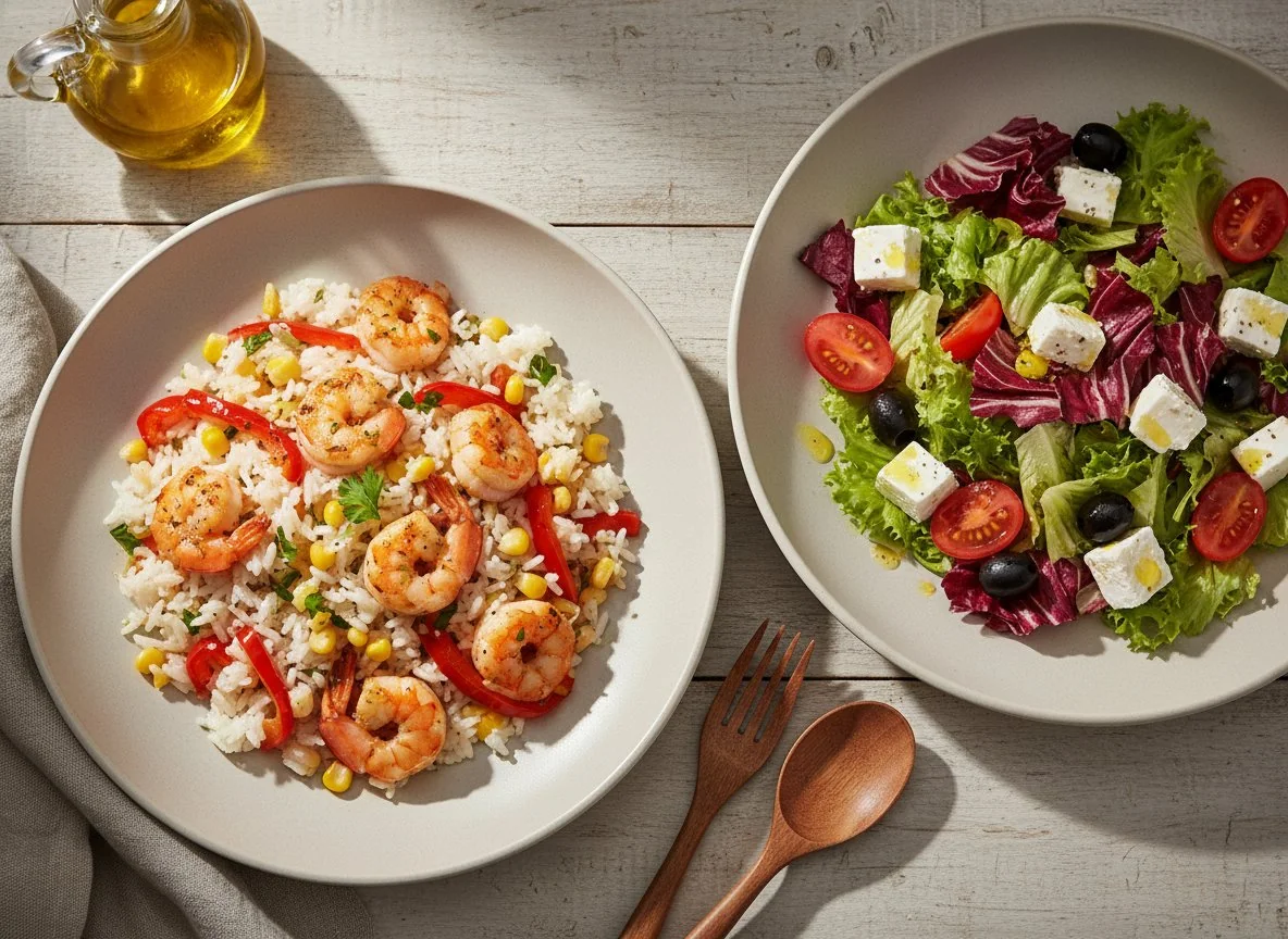 Рис с креветками и кукурузой, салат с фетой photo