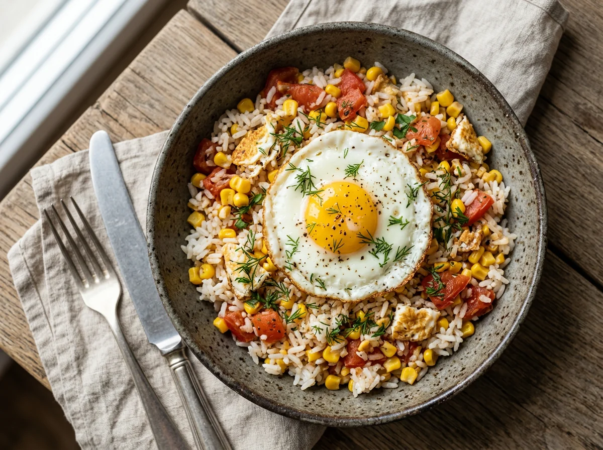 Рис с кукурузой, яйцом и помидорами photo