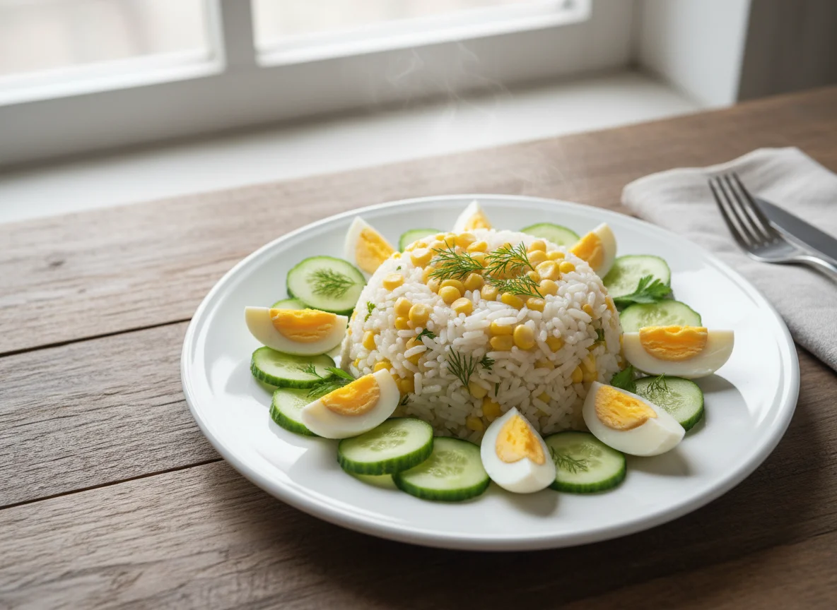 Рис с кукурузой, огурцом и яйцом photo