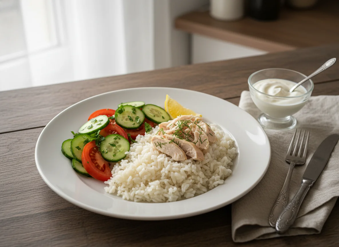 Рис с курицей и овощным салатом photo