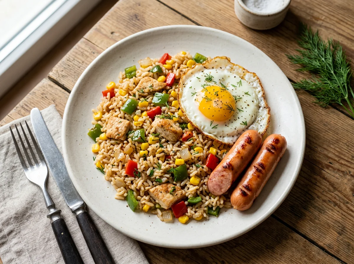 Рис с курицей, овощами, яичницей и сосиской photo
