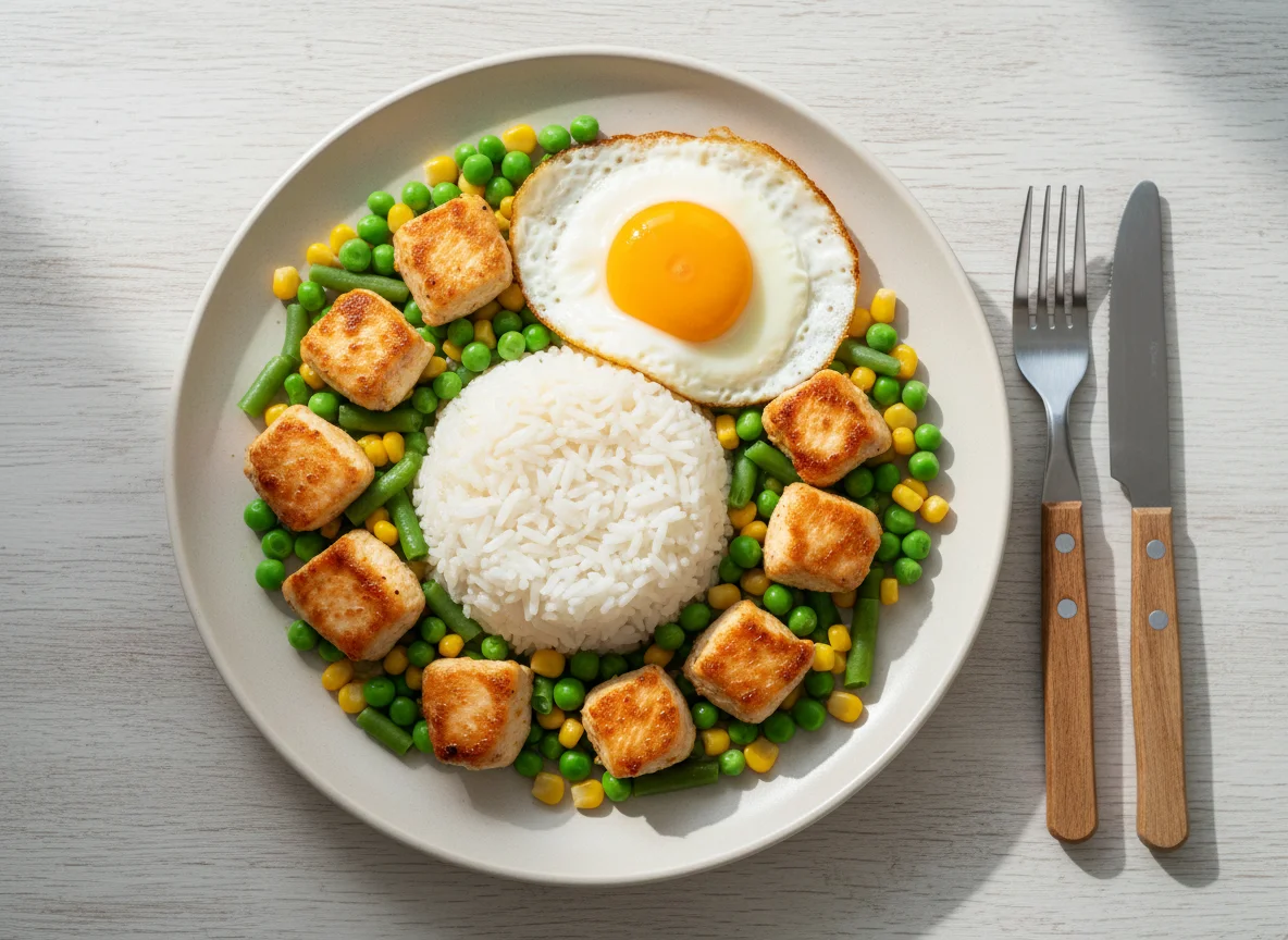 Рис с курицей, овощами и яйцом photo