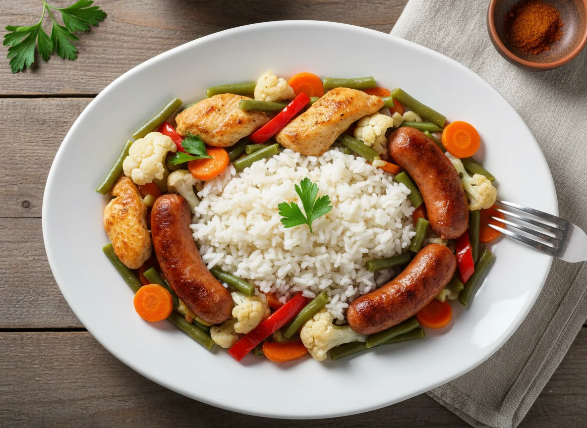 Рис с курицей, овощами и сосиской photo