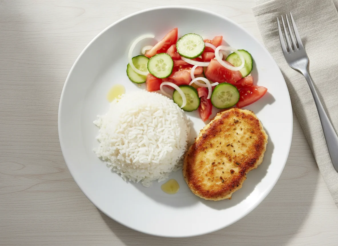 Рис с куриной котлетой и овощным салатом photo