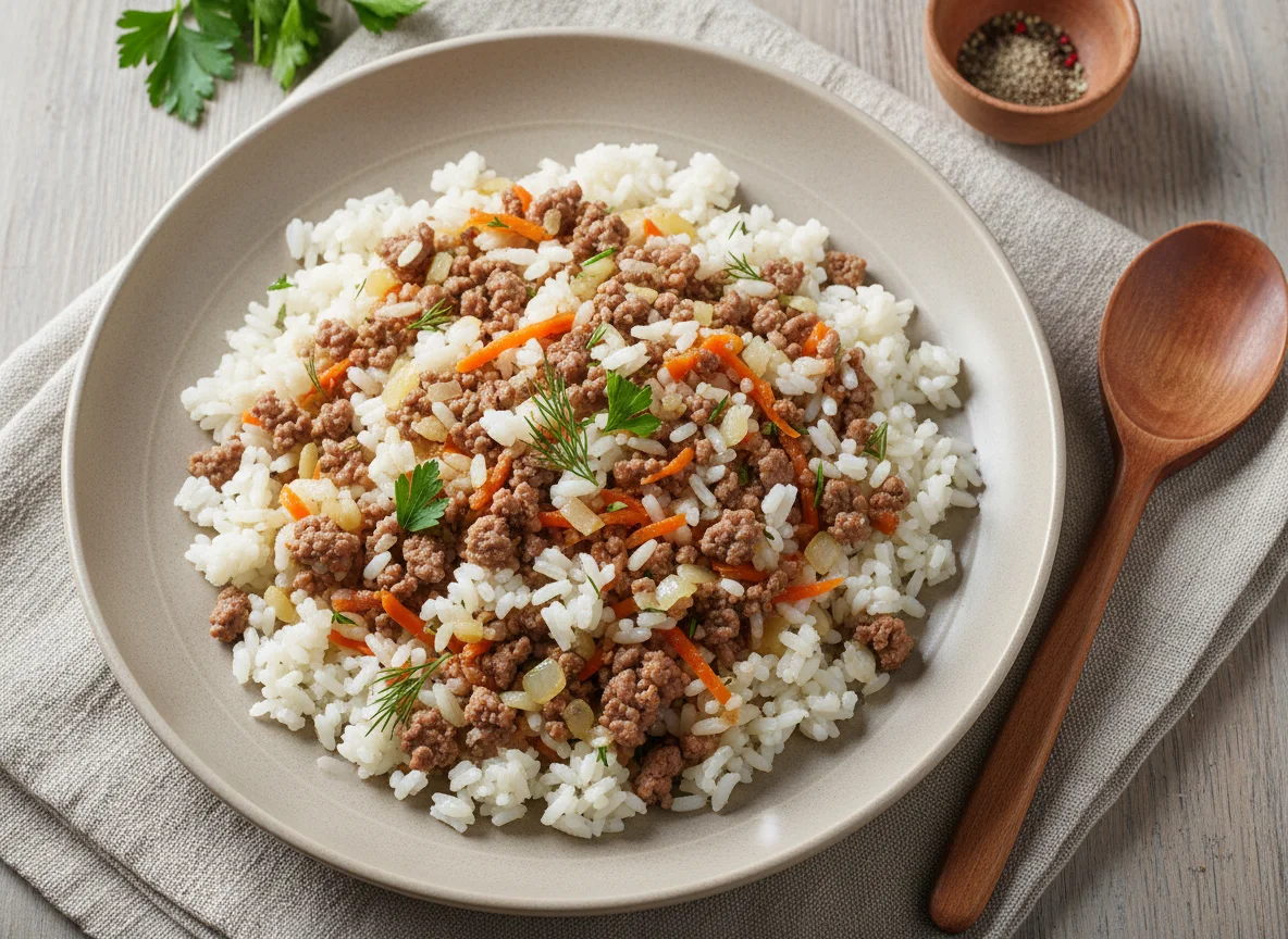 Рис с мясным фаршем и овощами photo