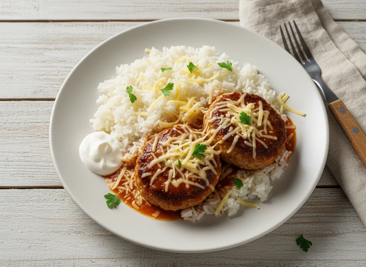 Рис с мясными котлетами и сыром photo