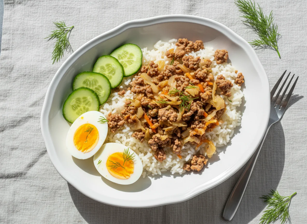 Рис с мясом и овощами, яйца и огурцы photo