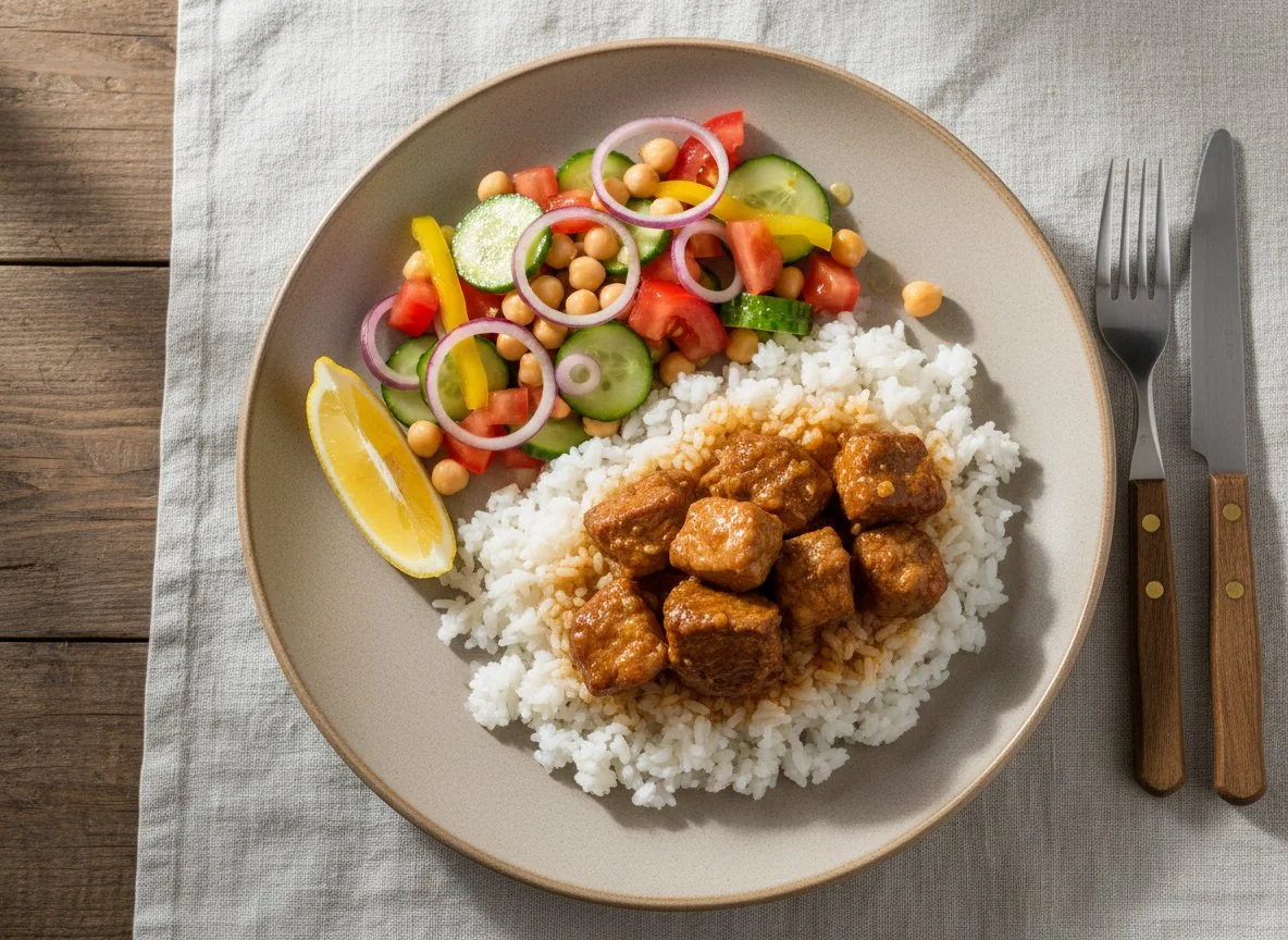 Рис с мясом и салатом из нута photo