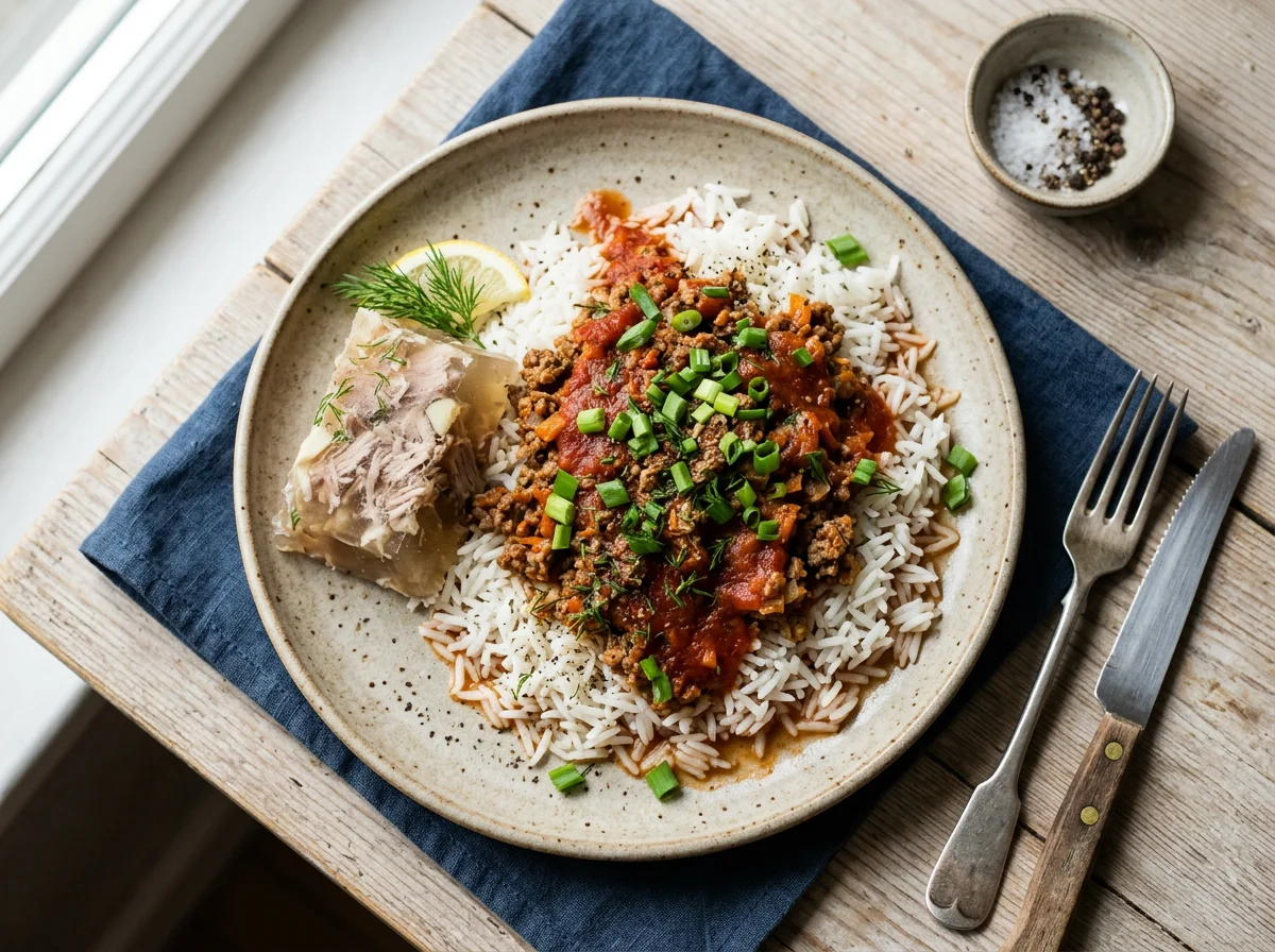 Рис с мясом и соусом photo