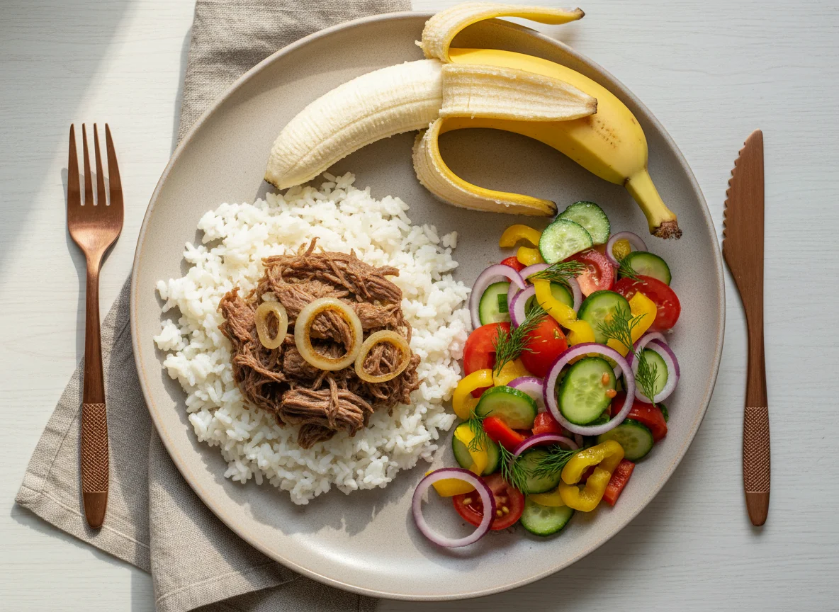 Рис с мясом, овощной салат и банан photo