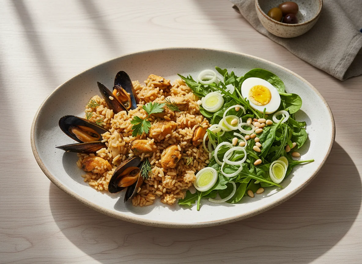 Рис с мидиями и салат с луком-пореем photo