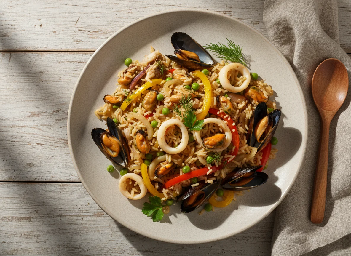 Рис с морепродуктами и овощами photo