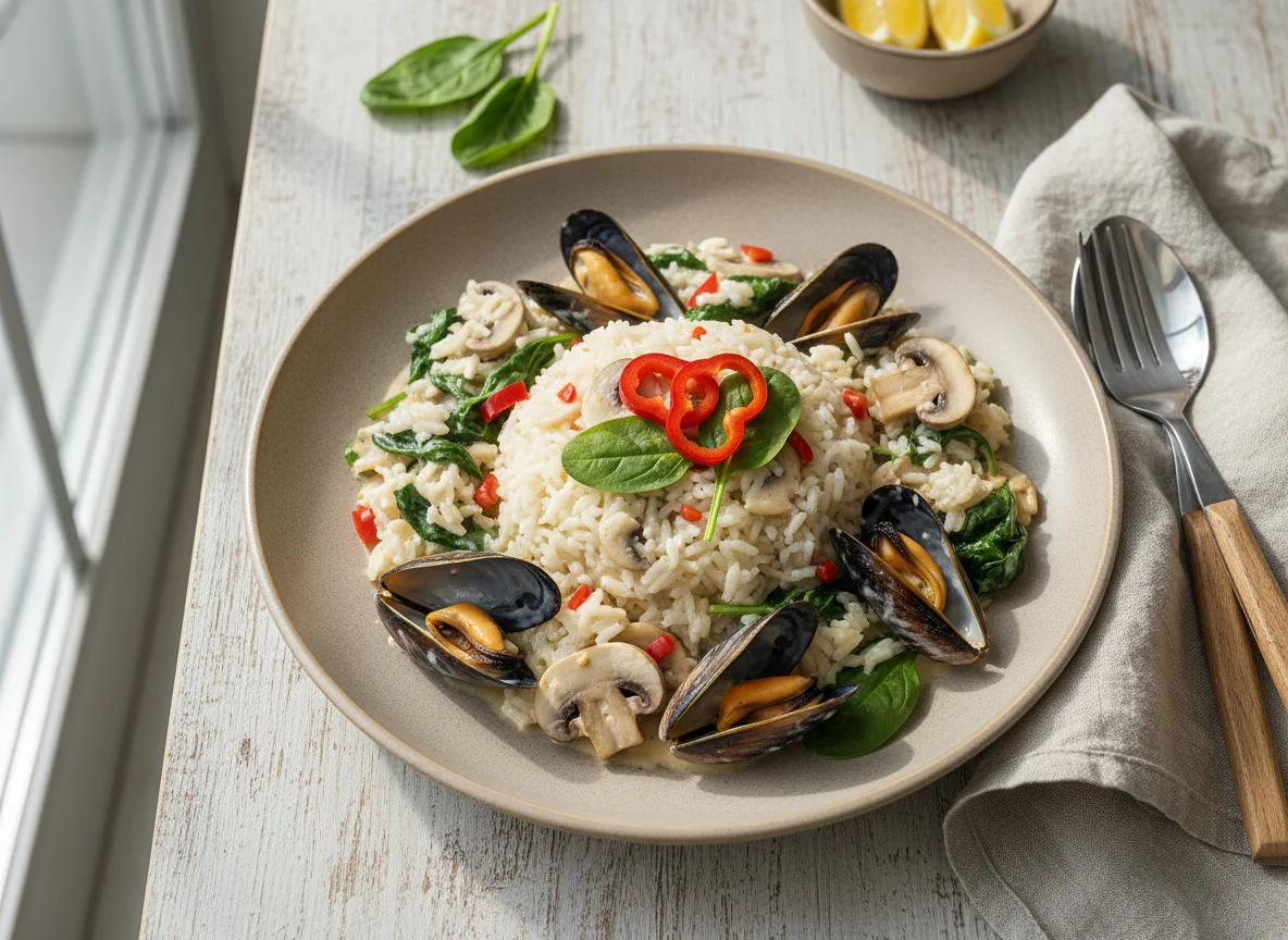 Рис с морепродуктами в сливочном соусе photo