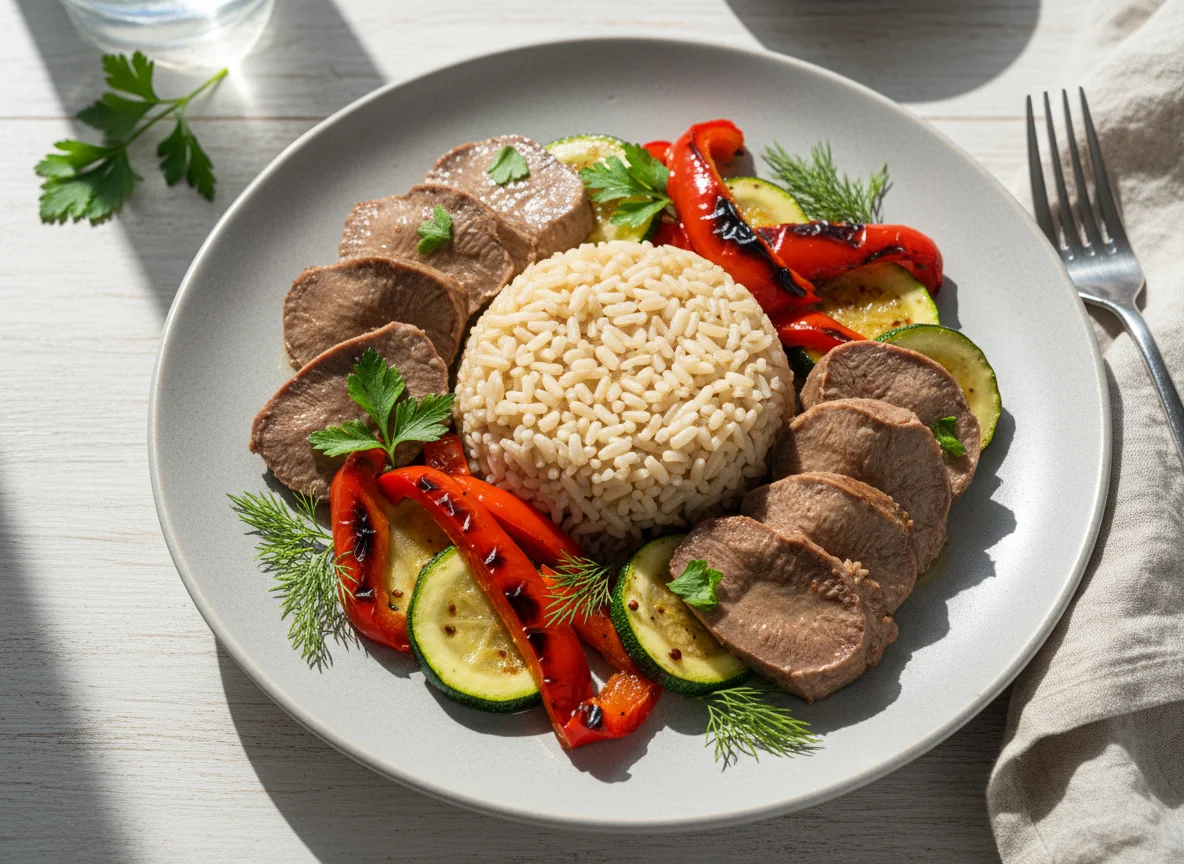 Рис с отварным языком и овощами photo