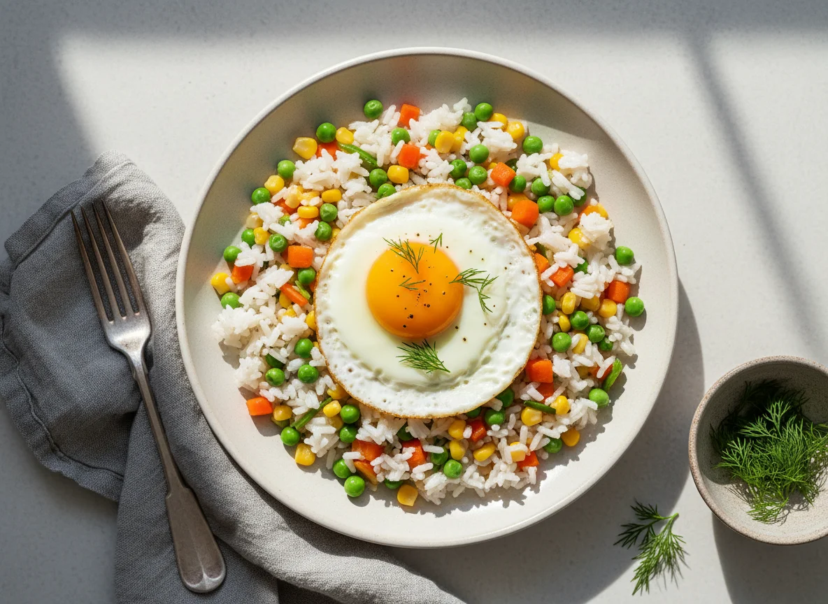 Рис с овощами и яичницей photo