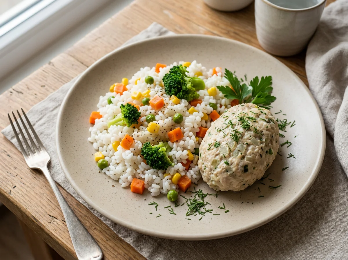 Рис с овощами и котлетой photo