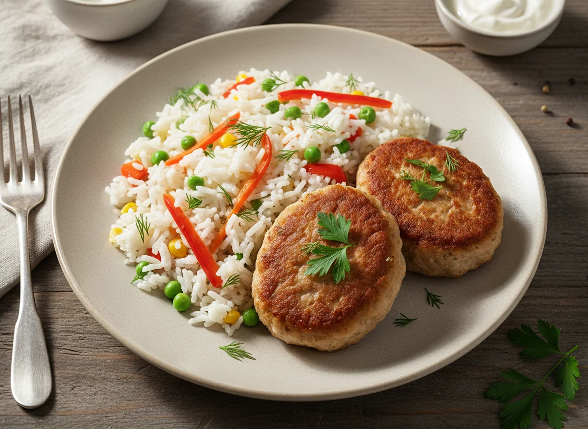 Рис с овощами и мясными котлетами photo