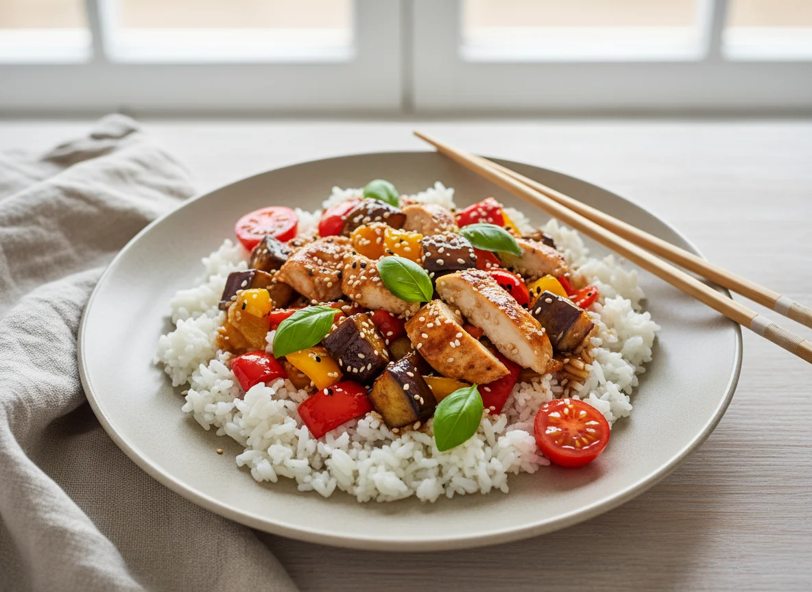 Рис с овощами и мясом в соусе терияки photo