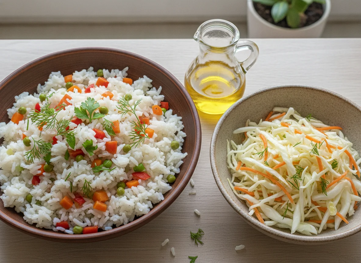 Рис с овощами и салат из капусты photo